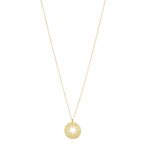 Small gold necklace with sunbeam design. 