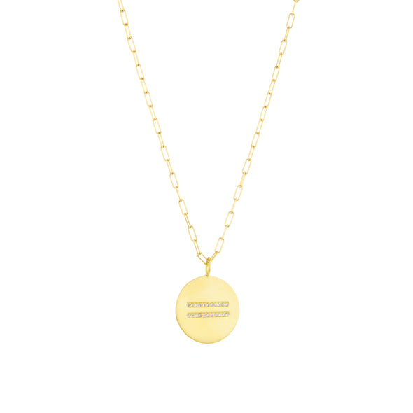 Handmade 18k gold necklace with white diamonds set in center with equal sign 