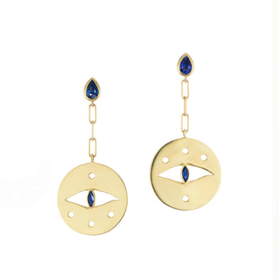 Gold earrings with blue sapphire detailing on earrings. 