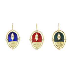 Lady Luck Charm beetle pendants in god with blue, red and green enamel. 