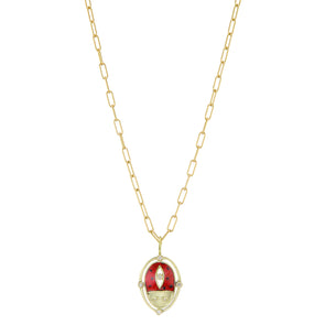 Lady Luck Necklace Gold beetle necklace set with diamonds and red enamel with gold chain necklace.