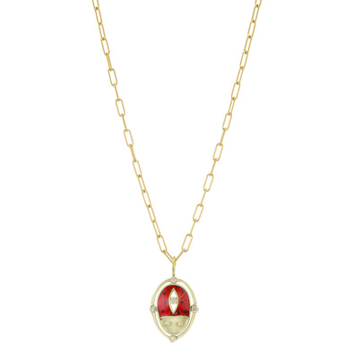 Lady Luck Necklace Gold beetle necklace set with diamonds and red enamel with gold chain necklace.
