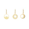Gold pirate earrings in wave, sun and moon.