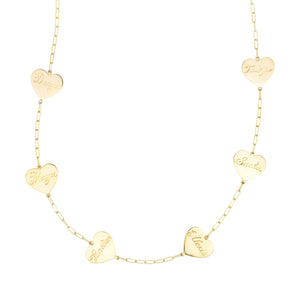Handmade gold necklace with multiple gold charm hearts