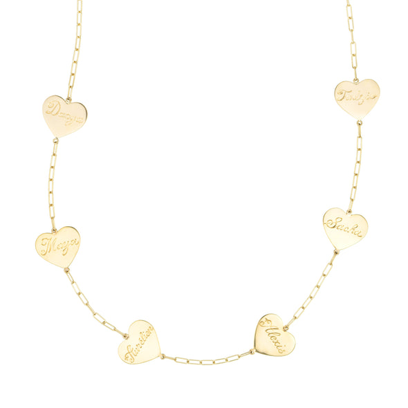 Handmade gold necklace with multiple gold charm hearts