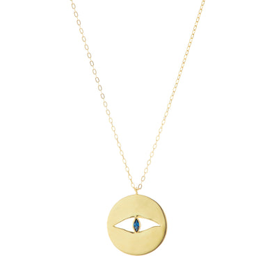 Gold protective eye necklace with blue sapphire stone.