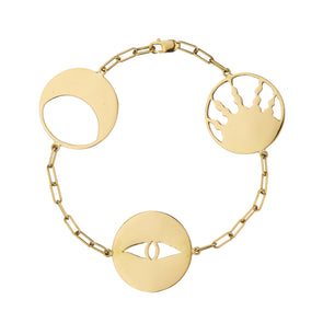 Handmade gold bracelet with three symbolic charms