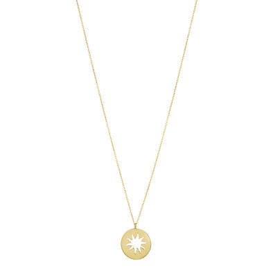 Small gold necklace with sunbeam design. 