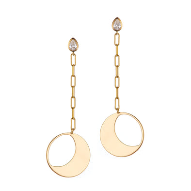 Gold moon earrings with white diamond studs