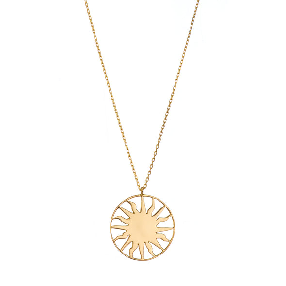 Gold chain necklace with roman sun inspired pendant. 