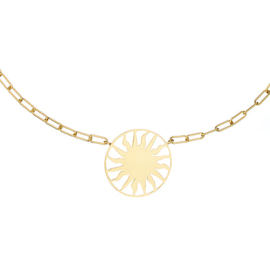 Gold chain necklace with roman sun pendant.