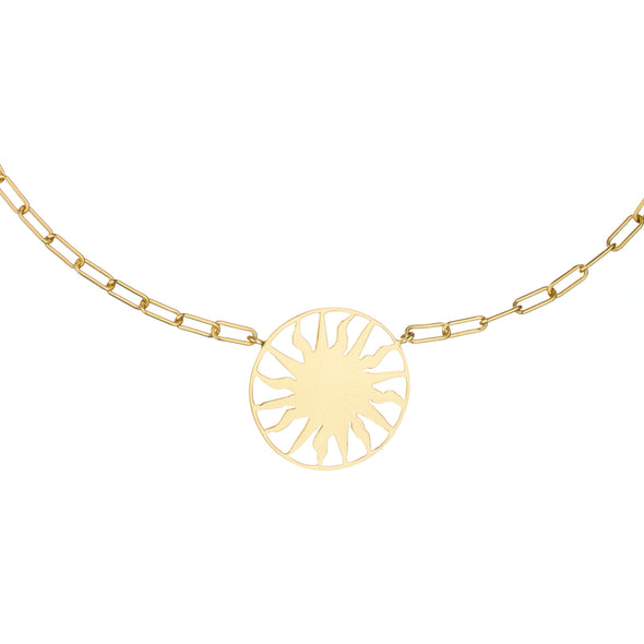 Gold chain necklace with roman sun pendant.